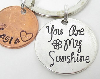 You are My Sunshine Charm with US Hand Stamped Penny Keychain Gift, Personalized Gift, Daughter,Granddaughter,Girlfriend,Wife,Penny Keychain