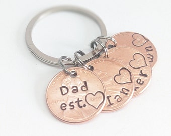 Personalized Father's Day Gift: Hand-Stamped lucky Penny Keychain, Birthday, Christmas Gifts for Dad, Mom, Grandfather, holiday husband,wife