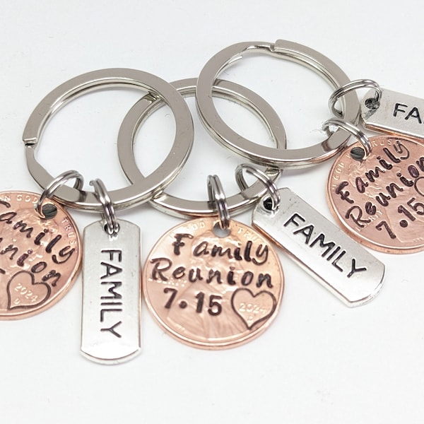 Personalized Hand-Stamped Family Reunion Penny Keychain Keepsake, Customizable reunion gifts, Group Gifts, Lucky Penny Keychains, Memories