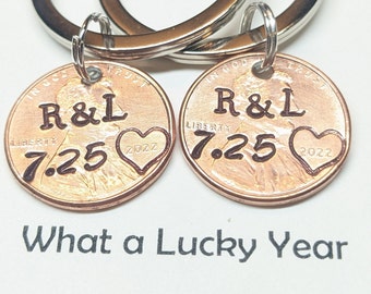 Personalized Penny Keychain Set, Initial & Date Keychain, Lucky Penny, Anniversary Gift, Couples