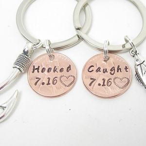 Personalized, Hooked and Caught, Penny Keychain, Engagement Gift, Wedding, Custom Anniversary, Custom Couple Gift, Anniversary for Husband