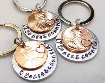 May include: Three silver keychains with a copper penny attached to each. The keychains are engraved with the text "6 years & counting", "11 years & counting", and "17 years & counting".
