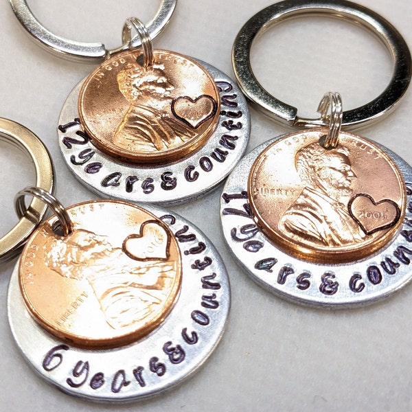 Anniversary Gift Idea, Personalized Couples KeyChain, Penny KeyChain, 6 Year, 12 year, 7 year, Years & Counting, for Him, Personalized Gifts