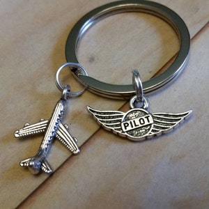 Pilot Key Chain, Gift for Pilot, Silver Airplane and Pilot Wings charms, Keychain, New Pilot,Pilot,Skip,Scout, Captain,Aerialist,Flyer Gift image 1