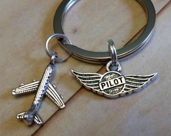 Pilot Key Chain, Gift for Pilot, Silver Airplane and Pilot Wings charms, Keychain, New Pilot,Pilot,Skip,Scout, Captain,Aerialist,Flyer Gift