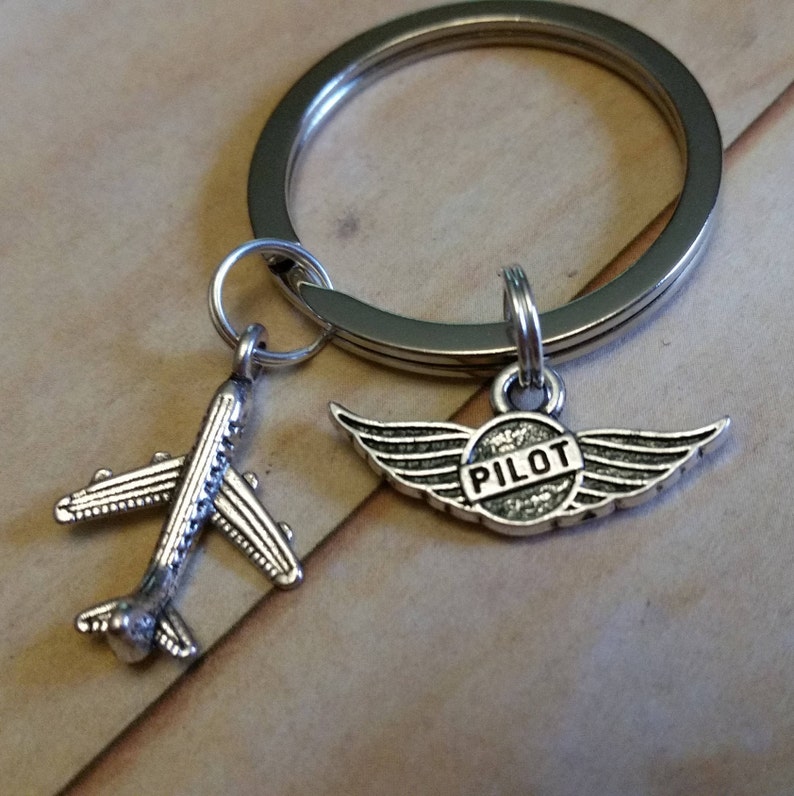 Pilot Key Chain, Gift for Pilot, Silver Airplane and Pilot Wings charms, Keychain, New Pilot,Pilot,Skip,Scout, Captain,Aerialist,Flyer Gift image 1