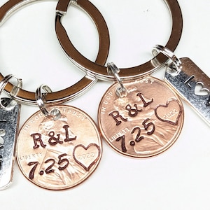 Custom Anniversary Lucky Penny Keychain Set, Personalized Gift for Husband and Wife, Girlfriend and Boyfriend, Wedding, Engagement Gift