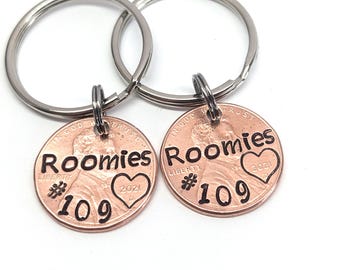 Pair of Hand-Stamped Penny Keychains - Unique Roomie Set, College roommates, Custom keychains for roomie, apartment roommate gift, new home