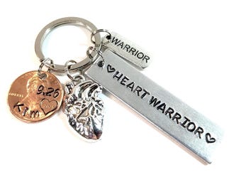 Hand Stamped Heart Warrior Keychain, Personalized Name & Date Penny Charm