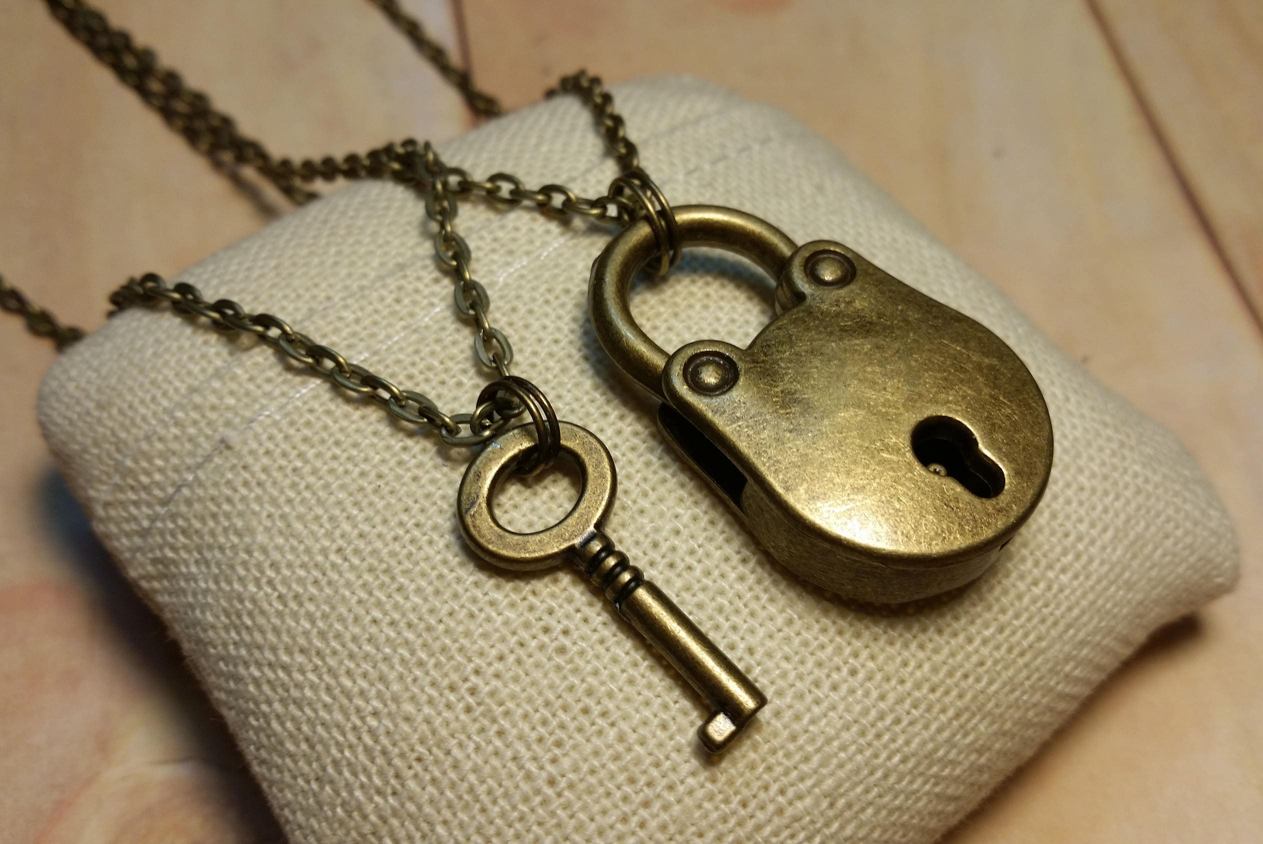 Gold Lock and Key Fob Necklace, Gold LV Lock and Key Vintage Textured Oval Cable Chain Add on Lock/Key