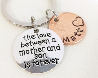 Personalized Mother Son Keychain, Mother's Day, Birthday for Mom, Hand Stamped Penny Charm, Sentimental Gift
