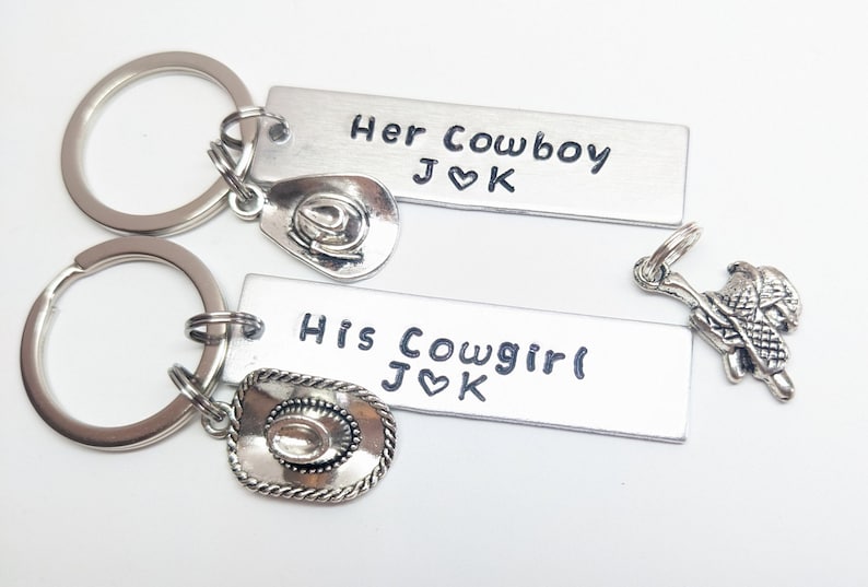 Custom Hand Stamped His Cowgirl/her Cowboy Keychain Set - Personalized ...