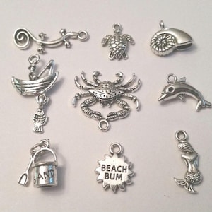 Beach Themed Add-on Items, Lizard, Crab, Dolphin, Shell, Fishing Boat, Sand Pail, Beach Bum Sun, Mermaid, Sea Turtle, Silver Charms to add