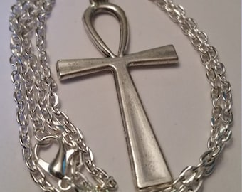 Silver Large Ankh Cross Necklace, Silver Plated Chain, Ankh Cross, Cross with a Handle, Egyptian Symbol, Ancient Cross Symbol Necklace