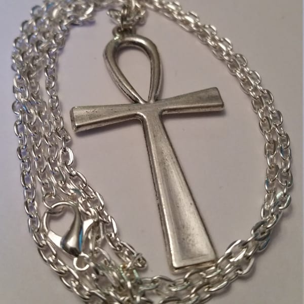 Silver Large Ankh Cross Necklace, Silver Plated Chain, Ankh Cross, Cross with a Handle, Egyptian Symbol, Ancient Cross Symbol Necklace