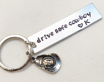 Drive Safe Cowboy Keychain, Western gift, Gift for Men, Cowboy Hat, Boyfriend, Husband, Birthday, Christmas, New Driver, Rancher, Bull Rider