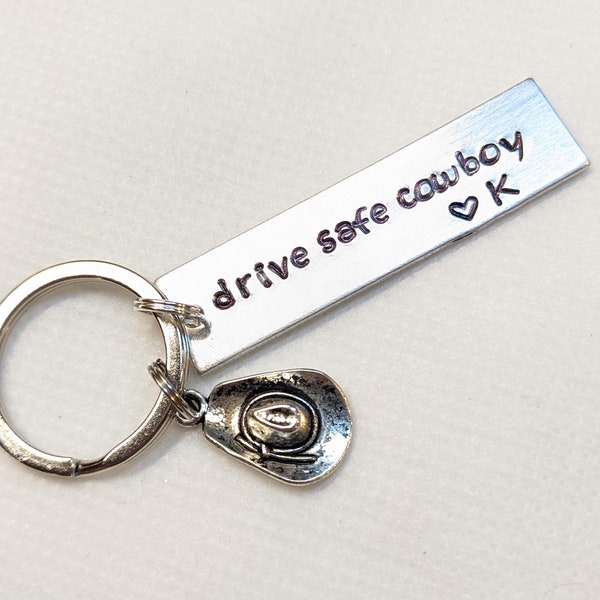 Drive Safe Cowboy Keychain, Western gift, Gift for Men, Cowboy Hat, Boyfriend, Husband, Birthday, Christmas, New Driver, Rancher, Bull Rider