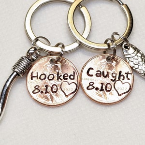 Personalized Couple Keychain Gift, Hooked, Caught, Lucky Penny Keychian Set, Anniversary Gift, Gift for Husband on Anniversary, Fisherman