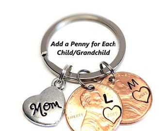 Personalized lucky penny keychain with Hand Stamped Family Initials and genuine US Penny Birth Years gifts for Mom, Dad, Grandma, Grandpa