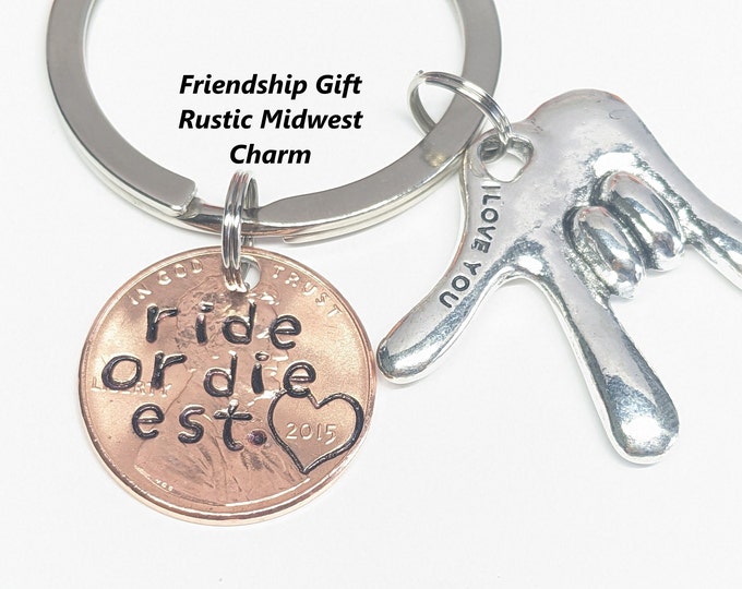 Custom Hand Stamped Penny Keychain, Galentines Friend Ride or Die Gift