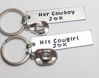Custom Hand Stamped His Cowgirl/Her Cowboy Keychain Set – Western Couple Gift