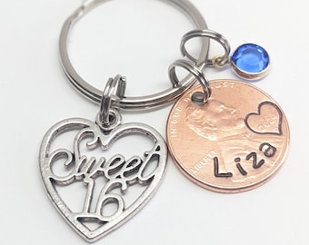 Personalized Sweet 16 PENNY keychain, Her, daughter, Birthday, Best Friend, Girlfriend, Niece, Sister, Girl's 16th Birthday, Granddaughter