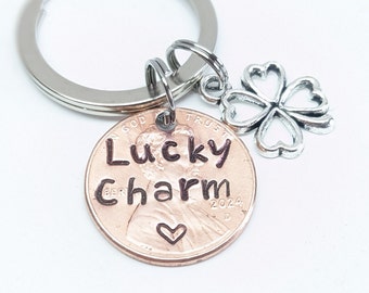 Hand-Stamped Lucky Charm Penny Keychain with Four Leaf Clover Charm, Personalized Gifts, Lucky Charm Gifts, Penny Keychain with Clover