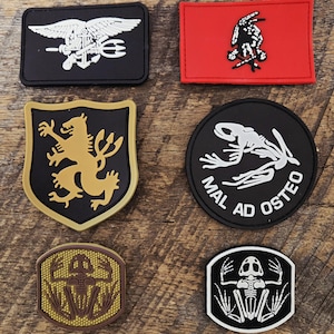 May include: Six tactical morale patches featuring various designs: a black rectangular Navy SEAL trident, a red rectangular skeleton, a gold shield with a lion, a black circular patch with a skeleton and text MAL AD OSTEO, and two frog skeleton patches.