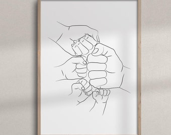 Family of 5 Fist Bump Printable Line Art | Minimalist Family Hands Wall Art | Three Kids and Parents Print