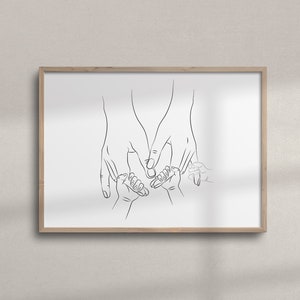 Angel Baby Family Hands Line Art | Family of Four Holding hands with Angel Baby | Minimalist Line Drawing | Child Loss Keepsake