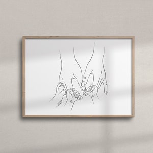Famiglia stampabile di quattro mani e zampa di cane Line Art / Due bambini che tengono le mani dei genitori / Disegno di linea minimalista