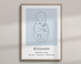 PRINTABLE Personalized Baby Birth Details Poster | Baby Line Drawing with Birth Stats | Minimalist Birth Announcement Print in Pastel Blue