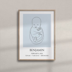 Póster personalizado imprimible con detalles del nacimiento del bebé / Dibujo lineal del bebé con estadísticas de nacimiento / Impresión minimalista de anuncio de nacimiento en azul pastel