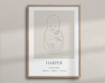 AFDRUKBARE poster met geboortedetails baby | Babylijntekening met geboortestatistieken | Minimalistische afdruk van geboortekaartje
