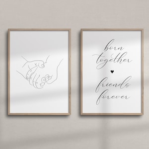 Born Together Friends Forever-printset van 2 | Afdrukbare tweelinglijntekeningen |  Minimalistische kunst aan de muur kinderkamer tweeling