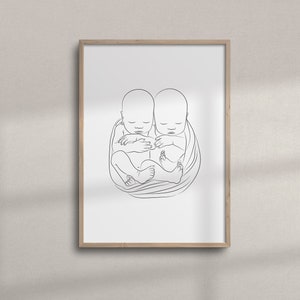 Tweeling lijntekeningen | Afdrukbaar minimalistisch kinderdagverblijf | Tweeling baby&#39;s muurkunst | Print pasgeboren tweeling