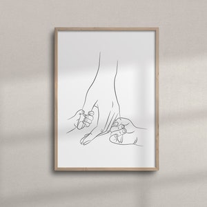 Zwei Kinder halten Mutter Hand Line Art | Druckbare Wandkunst für Minimalistisches Kinderzimmer | Familie Hände Line Art