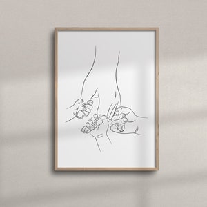 Three Kids Holding Father&#39;s Hand Line Art | Printable Wall Art for Minimalist Nursery | Family Hands Line Art