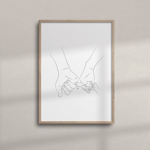 Familia imprimible de tres manos de mano Arte de línea / Arte mural para guardería minimalista / Dibujo de manos de padres y bebés