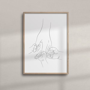 Three Kids Holding Mother&#39;s Hand Line Art | Printable Wall Art for Minimalist Nursery | Family Hands Line Art