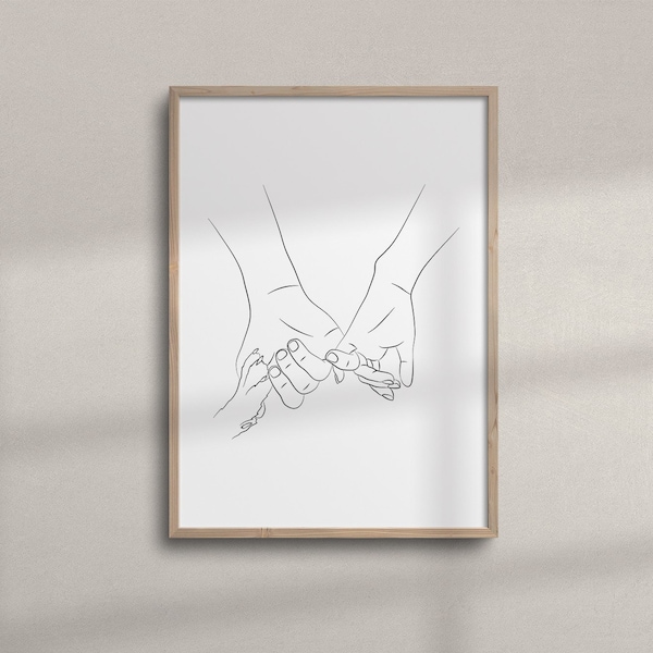 Dessin au trait imprimable patte de chien et couple main dans la main | Dessin de mains de famille | Décoration murale minimaliste