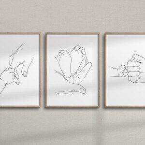 Set of 3 Wall Art | Mom & Dad Holding a Baby Line Art | Printable Family Hands Line Art | Minimalist Nursery Wall Decor