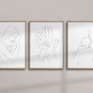Set of 3 Wall Art | Mom & Dad Holding a Baby Line Art | Printable Family Hands Line Art | Minimalist Nursery Wall Decor