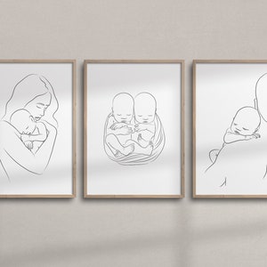 Ouders met tweelingbaby&#39;s set van 3 lijntekeningen | Afdrukbare tweelingkunst aan de muur | Minimalistische tweeling kinderkamer muurdecoratie