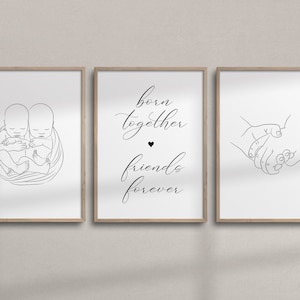 Born Together Friends Forever Print Set of 3 | Twins Line Art for Minimalist Nursery | Printable Twins Room Wall Art