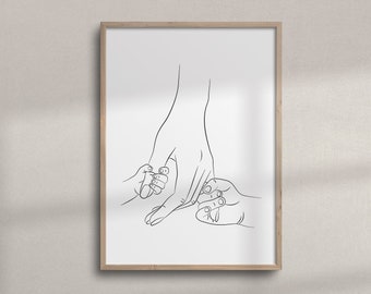 Zwei Kinder halten Mutter Hand Line Art | Druckbare Wandkunst für Minimalistisches Kinderzimmer | Familie Hände Line Art