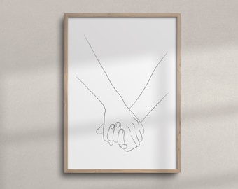 Arte lineal de pareja tomada de la mano / Dibujo minimalista imprimible / Decoración de pared para dormitorio