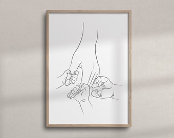 Arte lineal de tres niños tomados de la mano de su madre / Arte mural imprimible para habitación infantil minimalista / Arte lineal de manos familiares