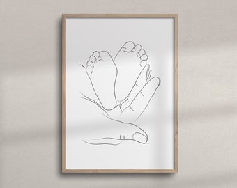 Holding Baby Feet Line Art | Nursery Wall Art | Hand Line Drawing | Mother and Baby Art