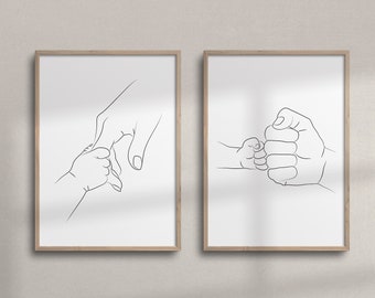 Set of 2 Wall Art | Mother's, Father's and Baby's Hands Line Art | Printable Family Wall Art for Minimalist Nursery